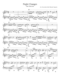 Piano keyboard marked with “night changes chords” notes, showing simple chord shapes for beginners.