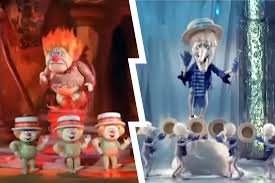 heat miser cold miser stop-motion characters from “The Year Without a Santa Claus” in their classic red and blue outfits.