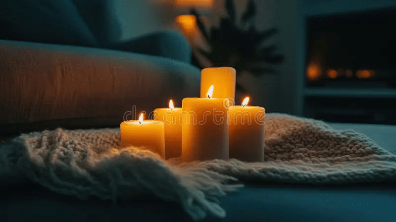 fireside candle glowing in a cozy living room 
