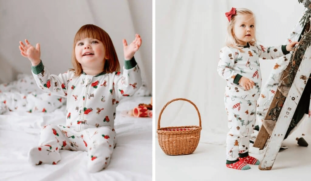 Children in Burt's Bees Christmas pajamas made of organic cotton 