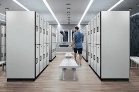 (title)% Executive locker room stuff interior with lockers and bench