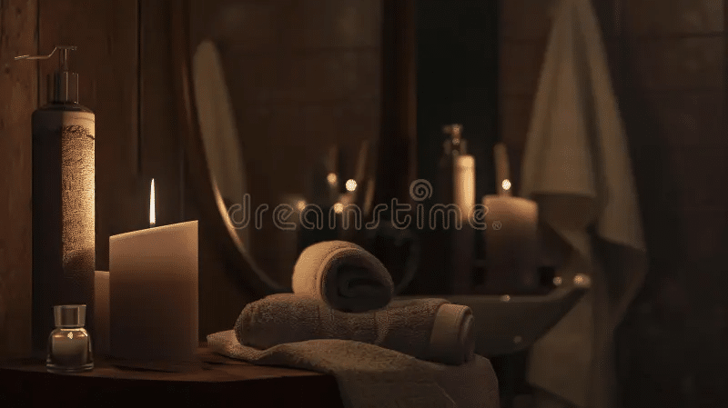 Oversized giant candle burning in spa setting
