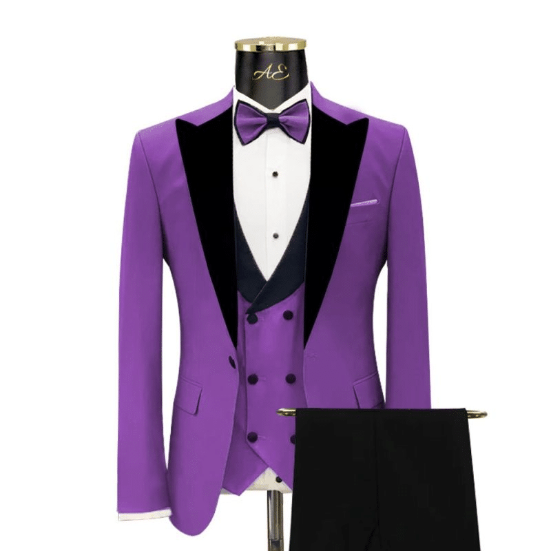 A bold purple tuxedo with accessories 
