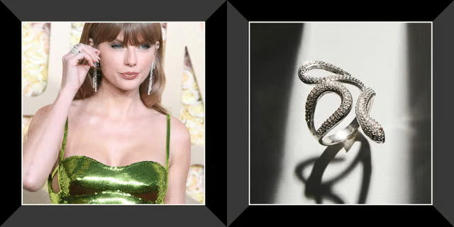 Taylor Swift jewelry snake ring close-up with silver details
