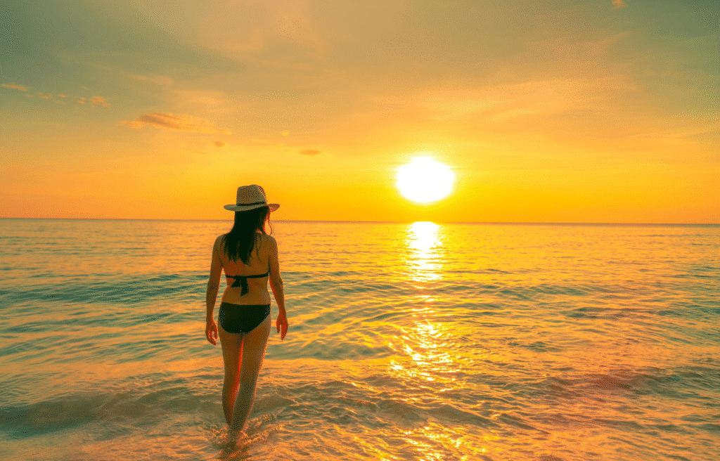 Woman wearing a daily bikini on the beach at sunset 