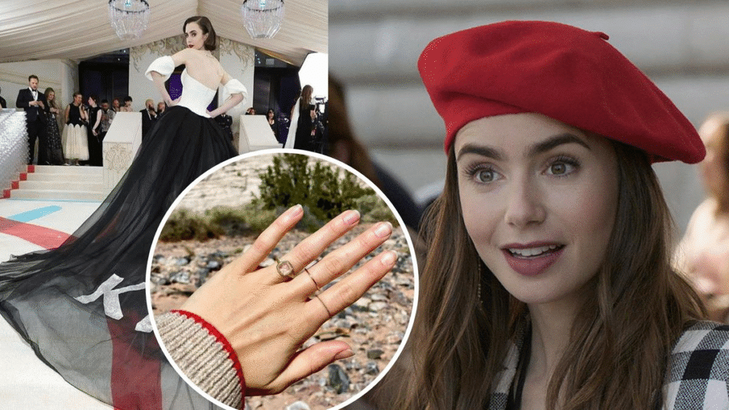(title)% Lily Collins engagement ring reveal at a public event