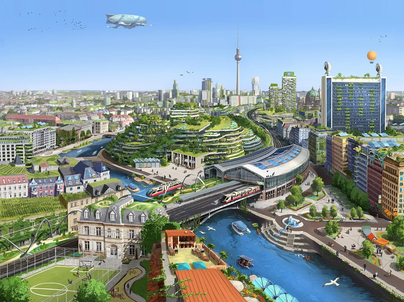 Autonomous smart city aerial view with solar panels and self-driving shuttles on smart roads